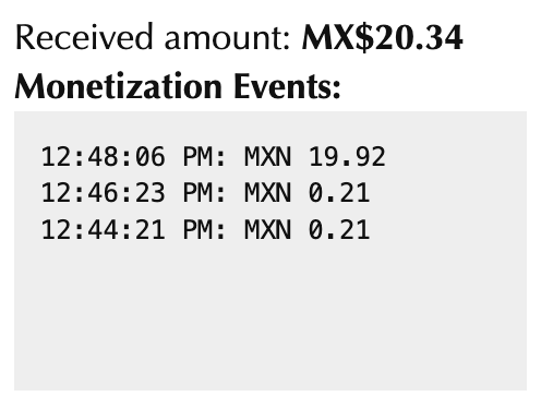 Monetization events section showing two payments of MXN 0.21 and a one-time payment of 19.92